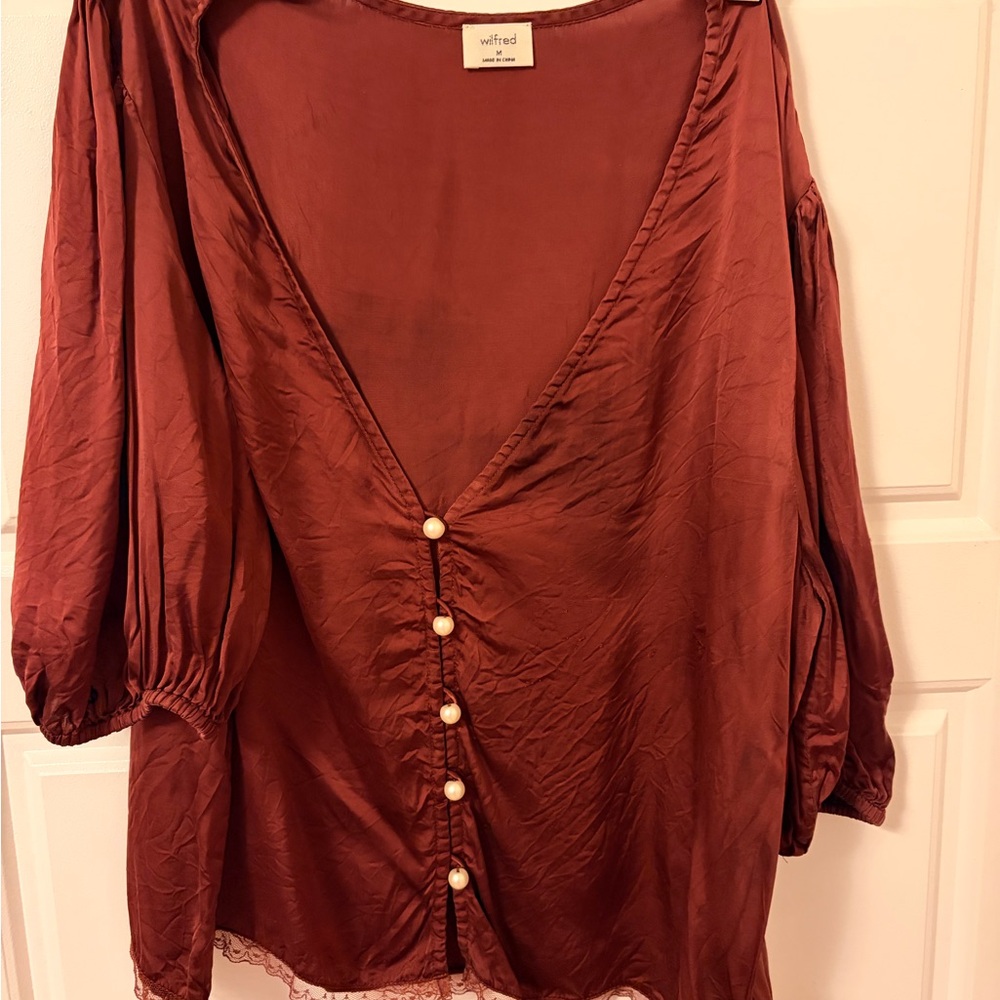 Wilfred Rust Pearl-Button Satin V-Neck Blouse